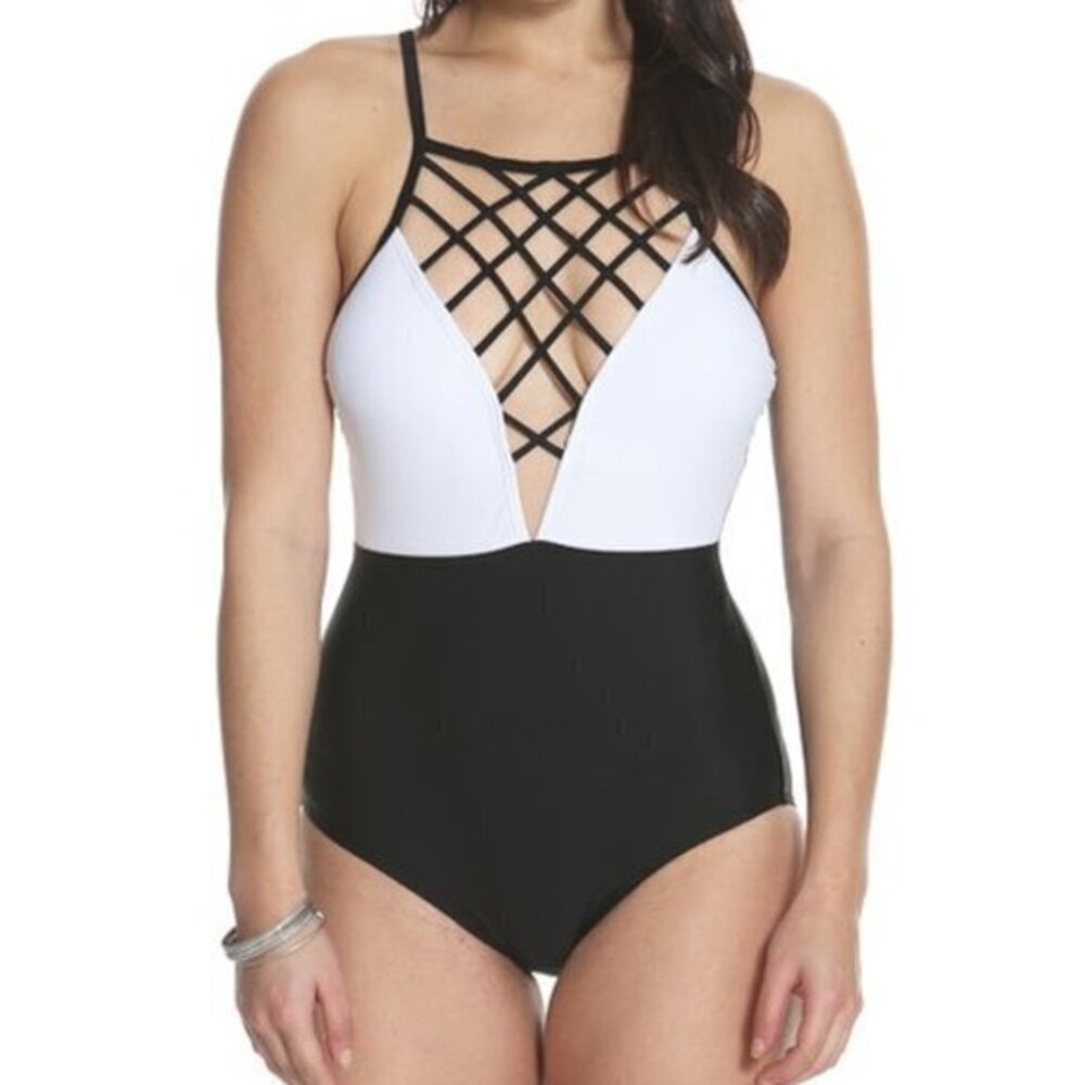 Sun & Sea Black & White Strappy Plunging Deep V-neck One Piece Swimsuit Size 6